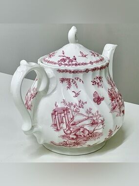 Vintage Discontinued Churchill England Pink Toile Scalloped Lidded 5 Cup Teapot